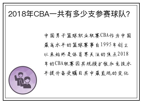 2018年CBA一共有多少支参赛球队？
